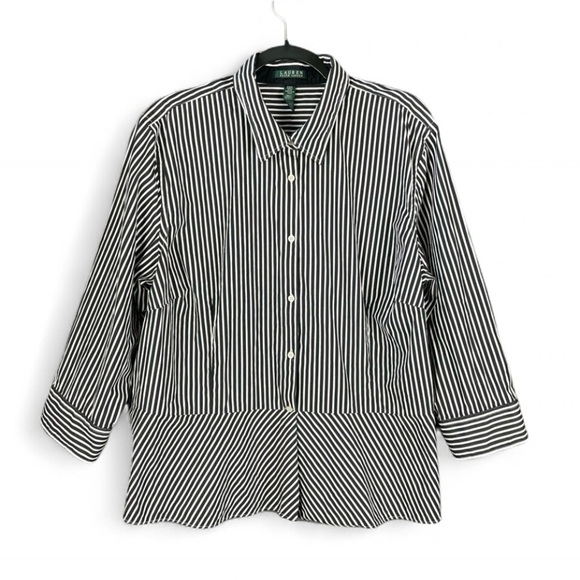Lauren Ralph Lauren 22W Black White Striped Peplum Button Blouse Work Office - Picture 2 of 11